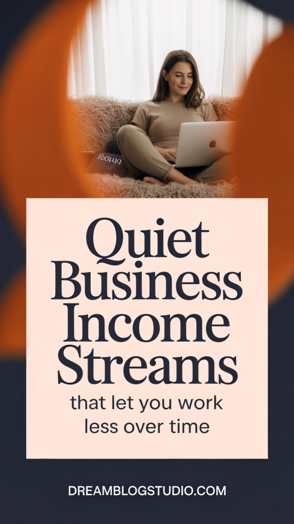 Woman working on laptop, exploring quiet business income streams for less work over time. DreamBlogStudio.com.