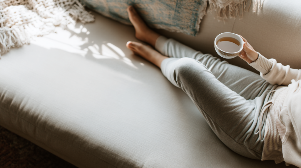 a woman lounges on a couch with a mug of tea in the soft sunlight