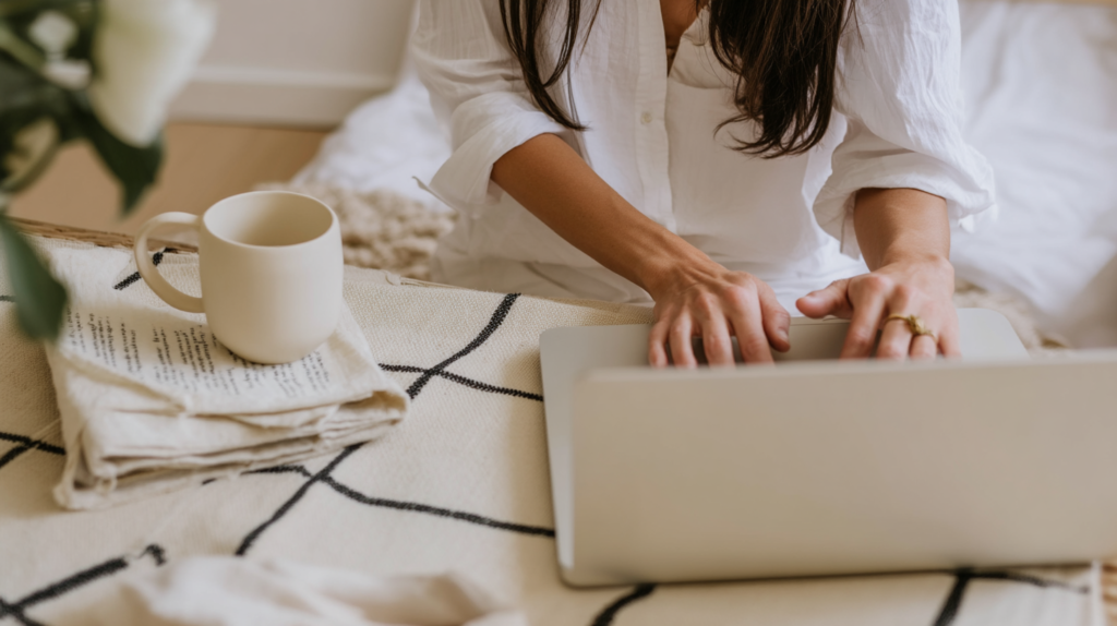 a woman works peacefully at her at home desk with a ceramic mug of tea