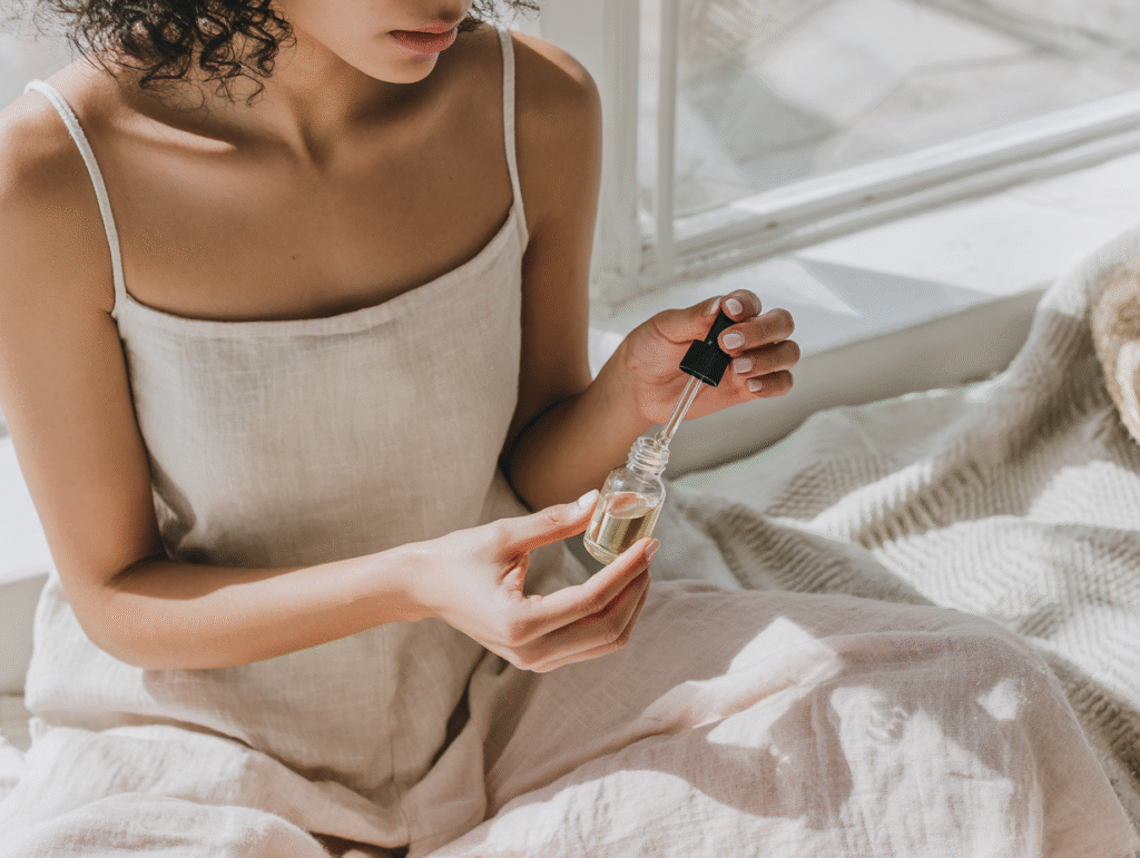 a woman in linen outfit applies a facial serum to her hands