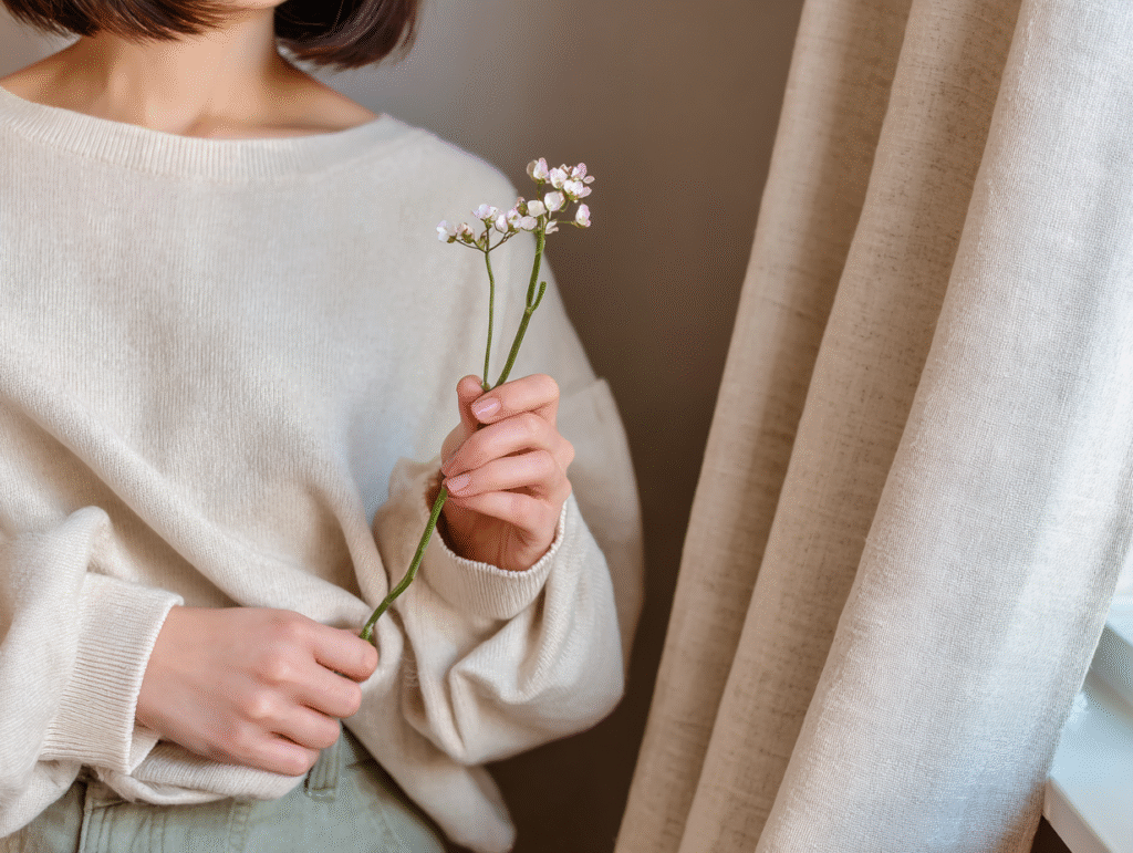 a woman holds a flower near a window in an oversized sweatshirt