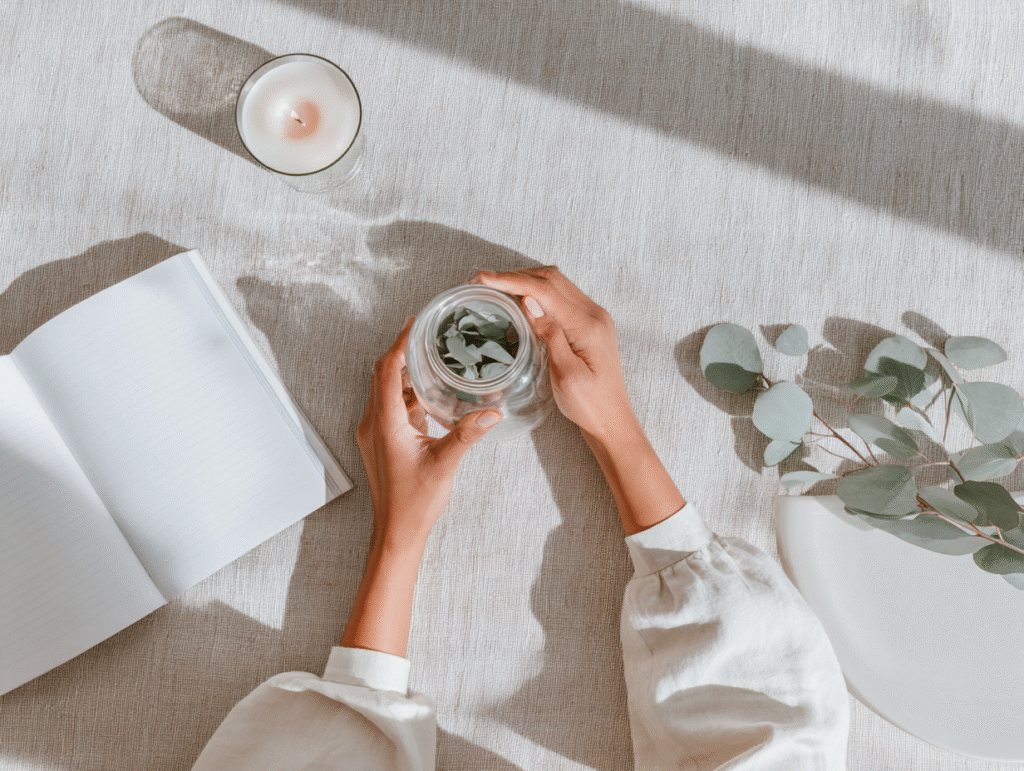 a woman's hands hold a jar of eucalyptus leaves on a tidy surface