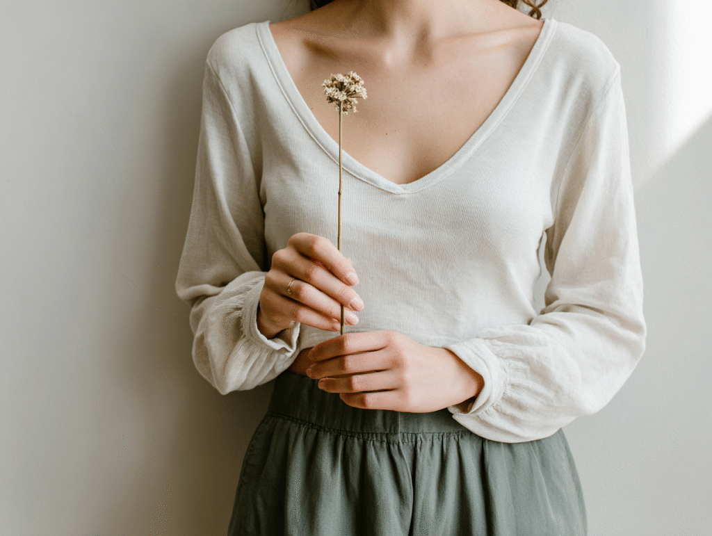a woman wearing a casual linen blouse holding a small flower