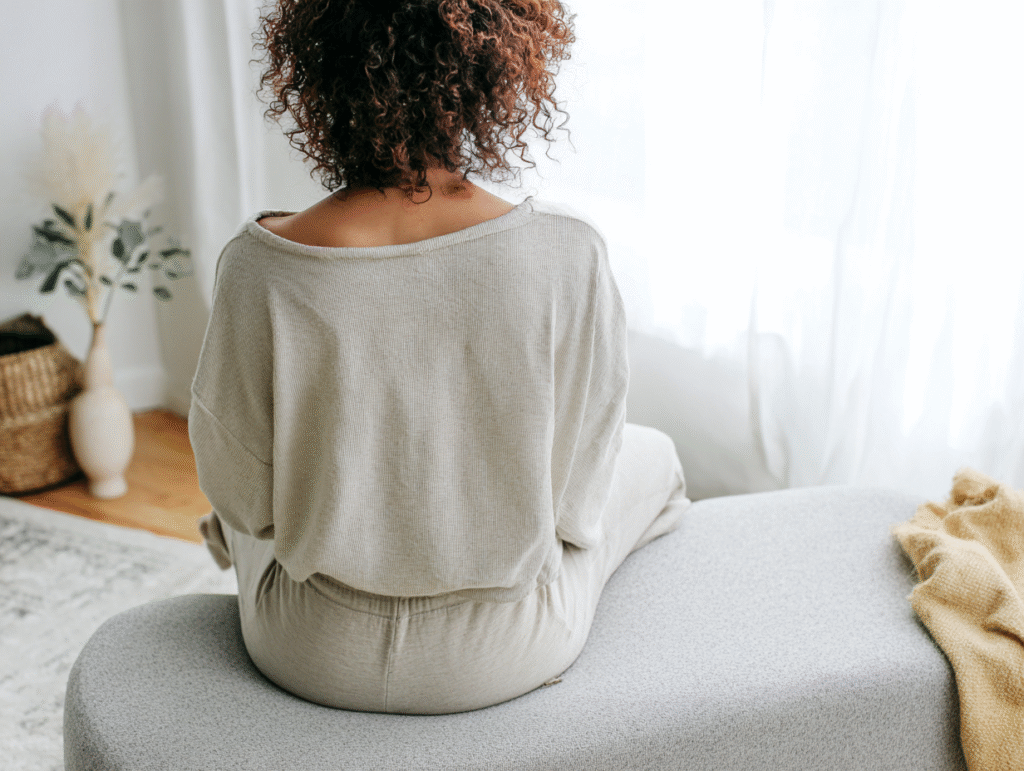 a woman sits on a bench in her brightly lit bedroom
