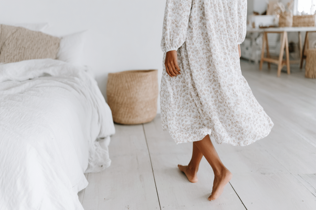 a woman does gentle movement in the morning