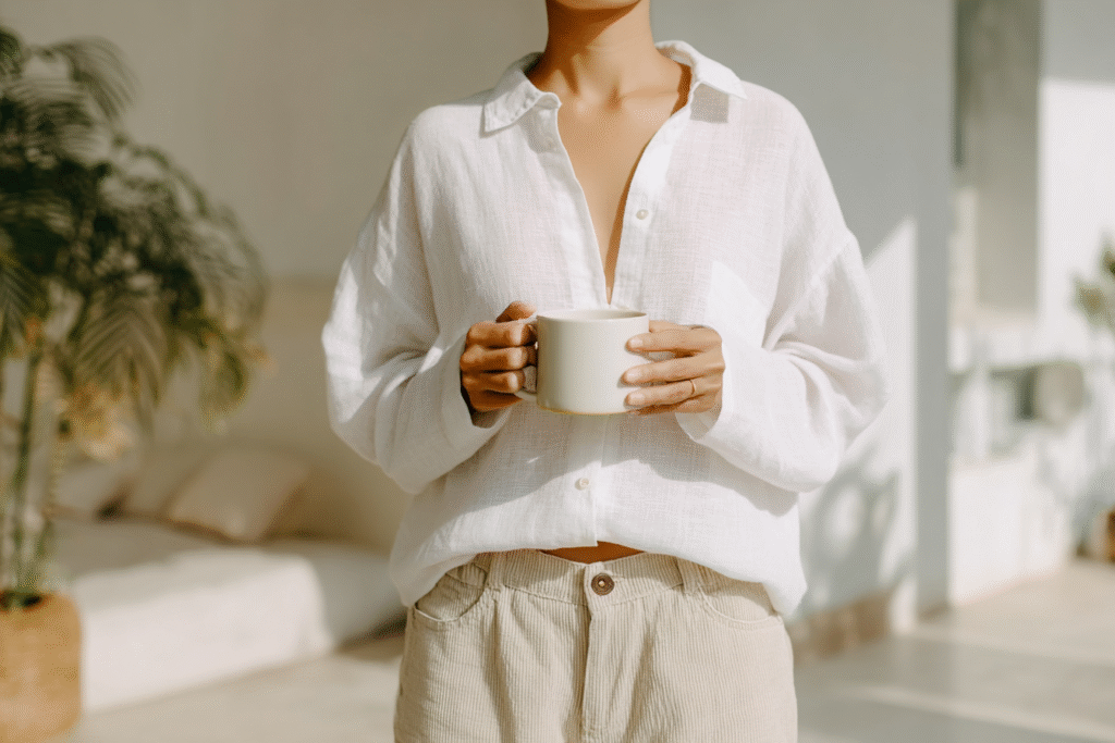 a woman stands with a mug of tea in a linen shirt in the sunshine