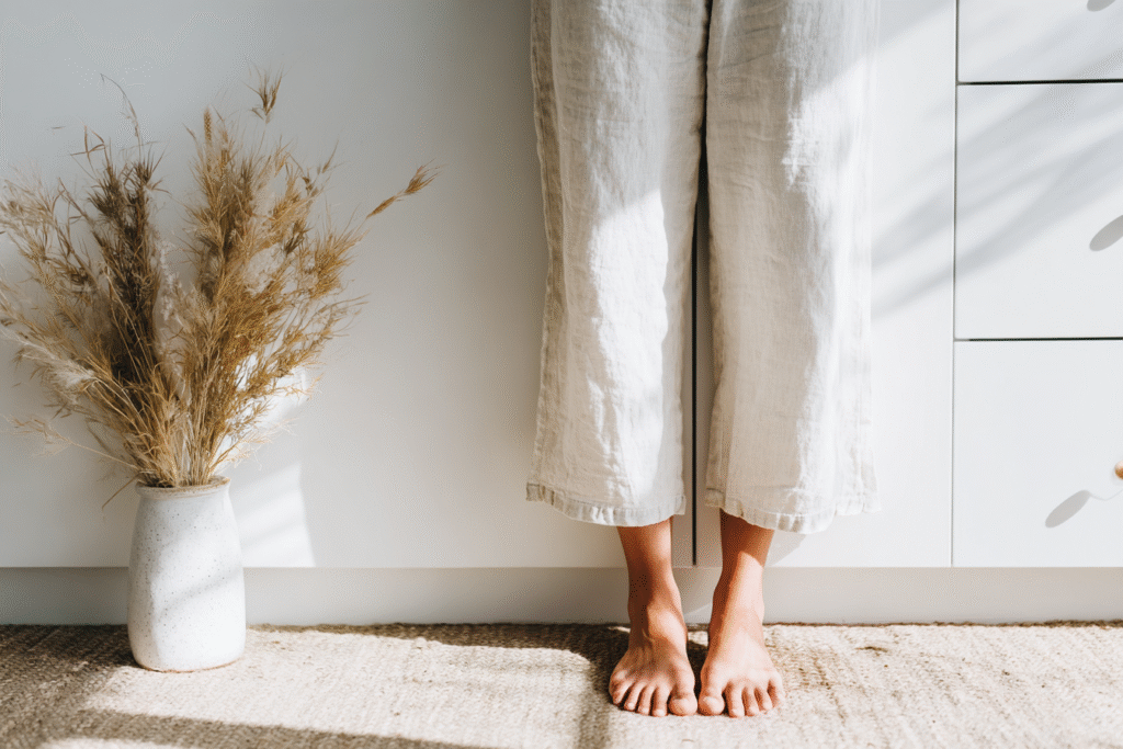 a woman stands in a living room with linen pants