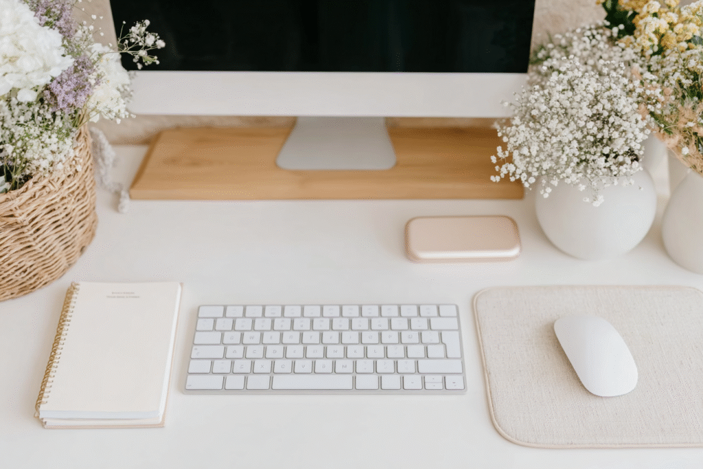 a minimal workspace with computer monitor, keyboard, planner and mouse pad surrounded by flowers