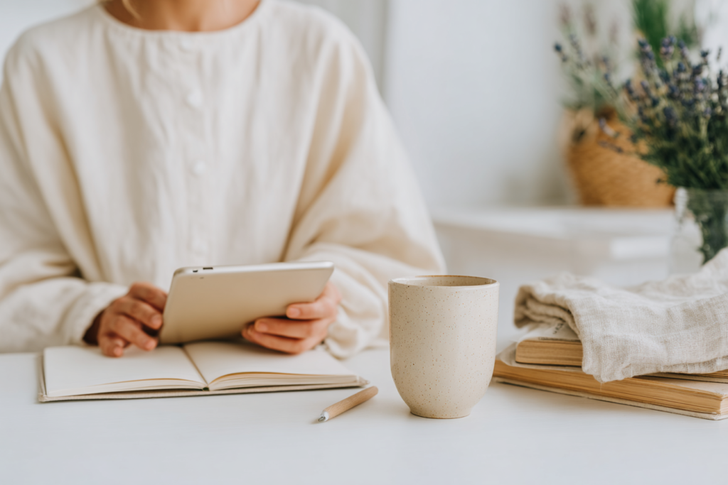 Person using tablet at desk with coffee cup, notebook, and lavender bouquet. Cozy workspace.