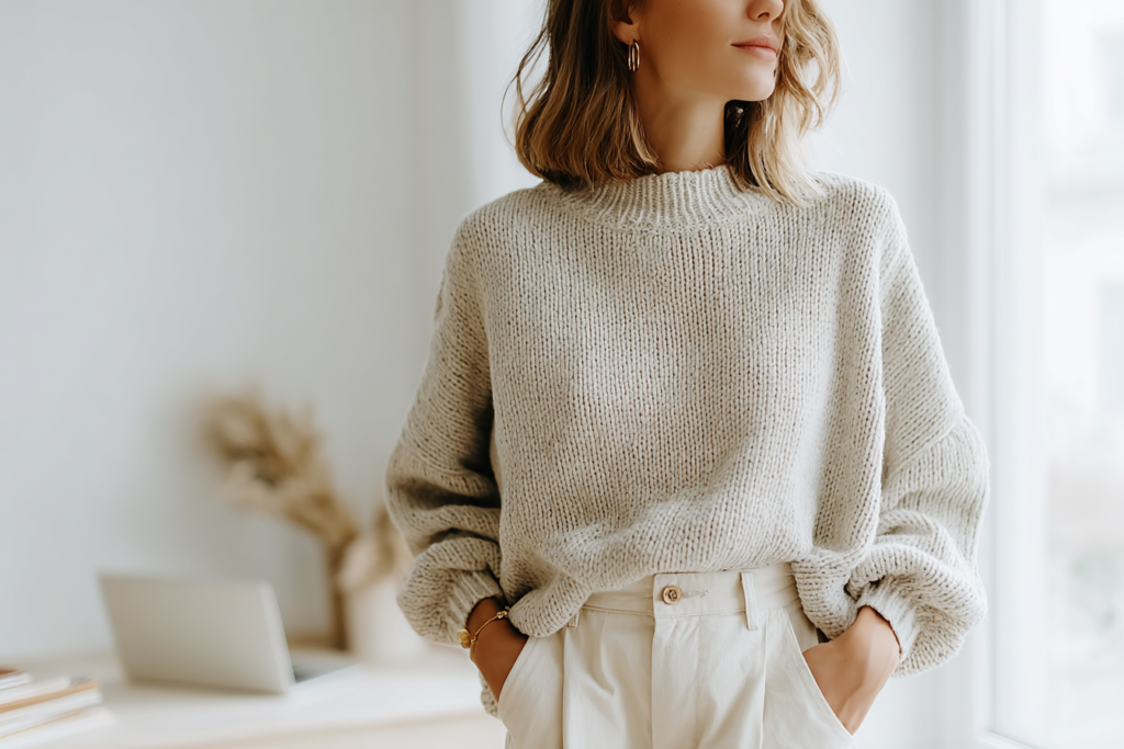 Woman in beige sweater and white pants in a cozy room with natural light.