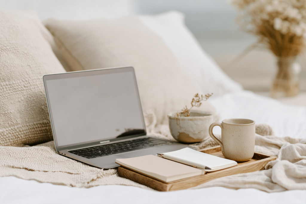 DBS-scenes-2-26-2 Cozy workspace with laptop, notebook, and coffee on a bed with neutral pillows and blankets.