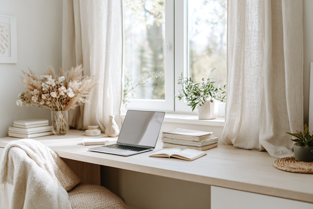 DBS-scenes-2-26-6 Cozy home office with laptop, books, and plants on a sunlit wooden desk by a window with beige curtains.