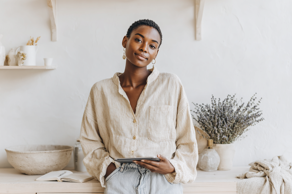 Person in a casual outfit holding a tablet in a cozy, minimalist room with a shelf and plants in the background.