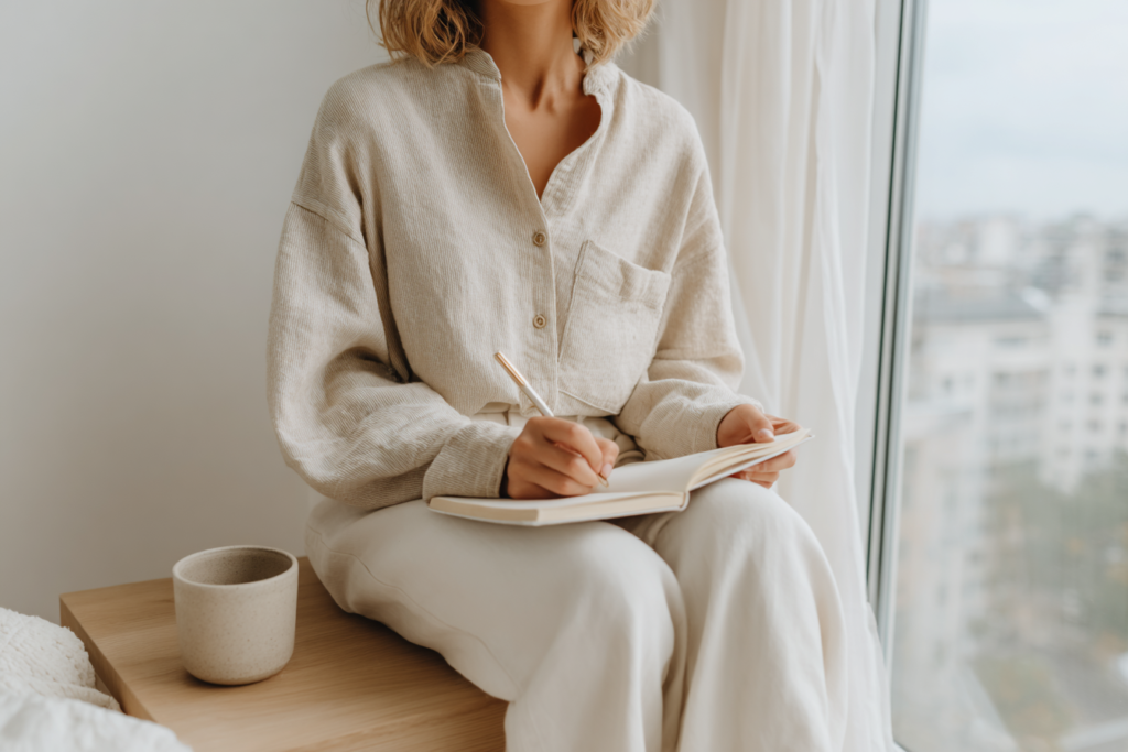 Person writing in a notebook by a window, cozy beige outfit, with a mug nearby on a wooden surface.