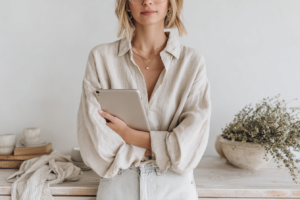 Woman in a linen shirt holding a tablet, standing by a table with greenery. Minimalist and stylish home decor.