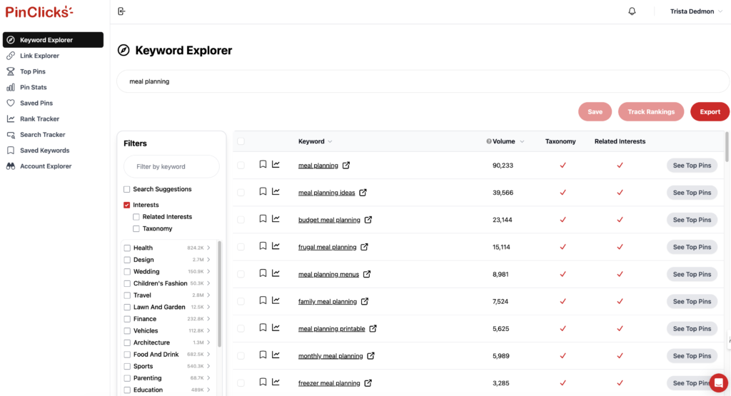 Keyword explorer dashboard displaying search terms for meal planning with volume and related interests.
