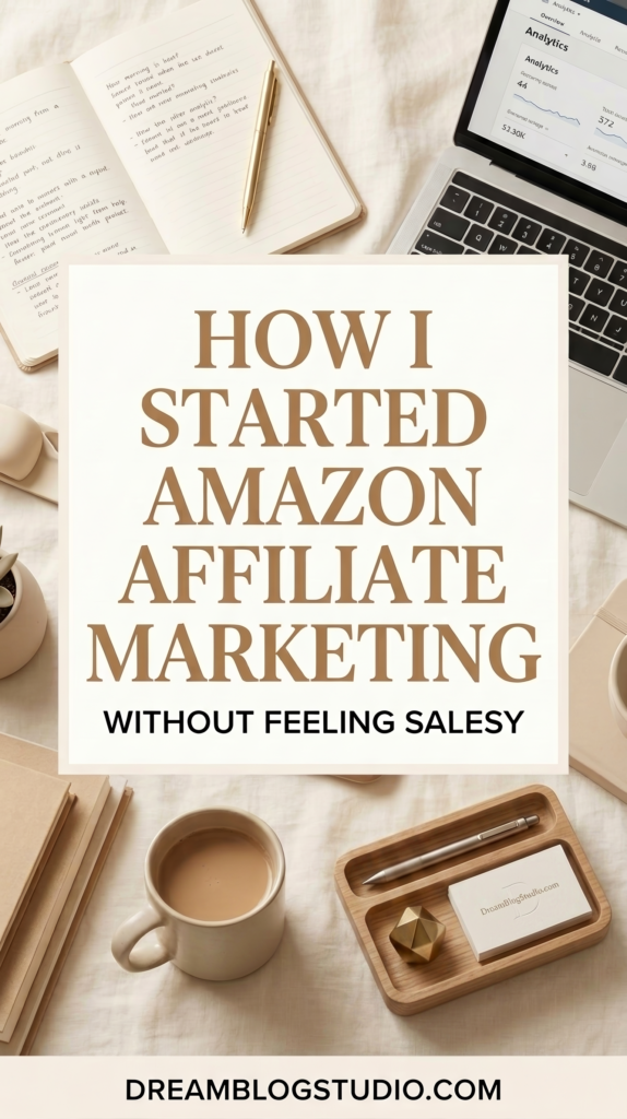 Guide on starting Amazon affiliate marketing without being salesy, with notebook, coffee, and analytics screen.