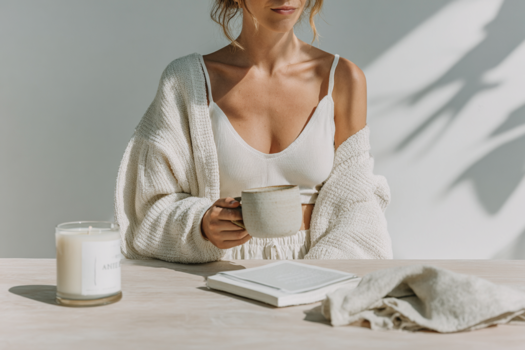 Woman in cozy sweater holding coffee mug by a book and candle on a sunlit table.