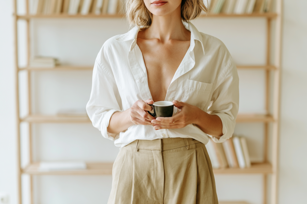 Woman in white shirt holding espresso cup in front of bookshelf. Cozy and minimalist home setting.