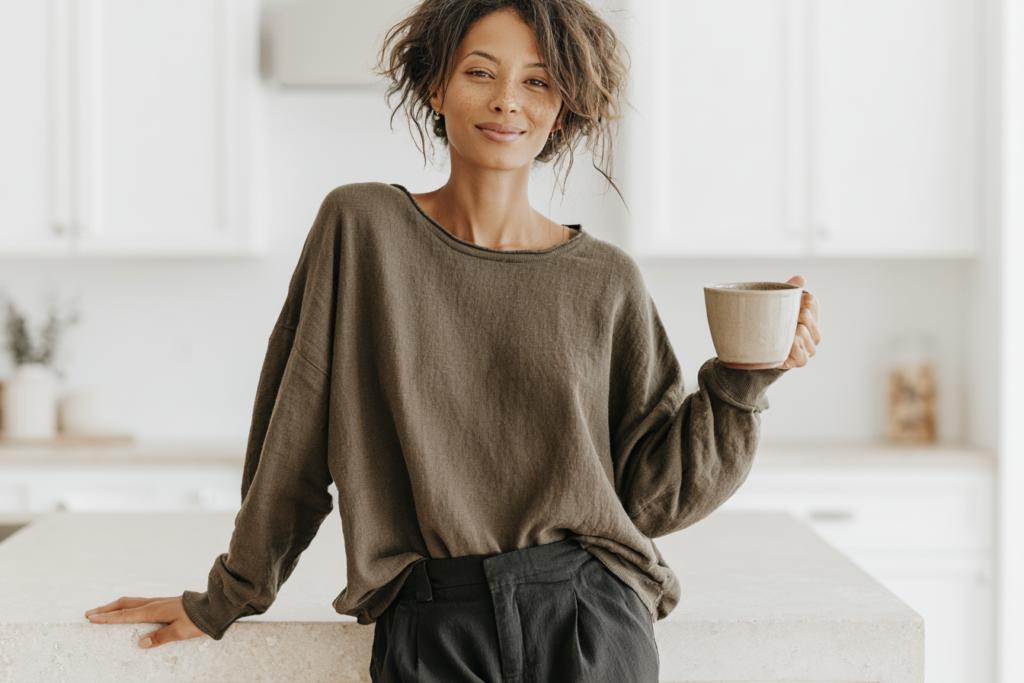Person in casual outfit holding a coffee cup in bright kitchen, looking relaxed and content.