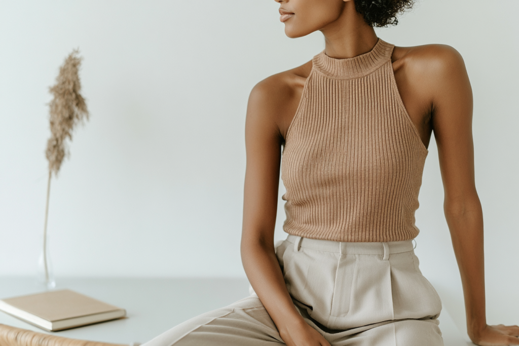 Person in a sleeveless brown top and beige trousers in a minimalist setting.