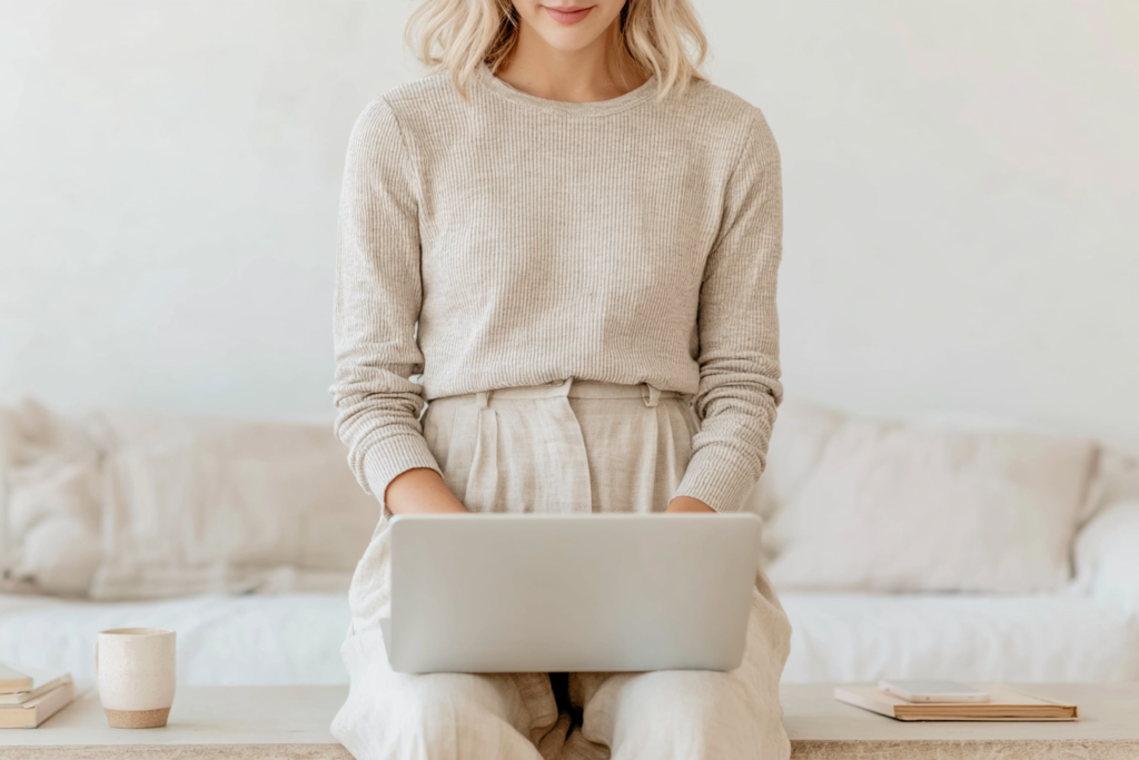 Person using a laptop on a cozy sofa with a coffee mug and notebook nearby. Minimalist home workspace.