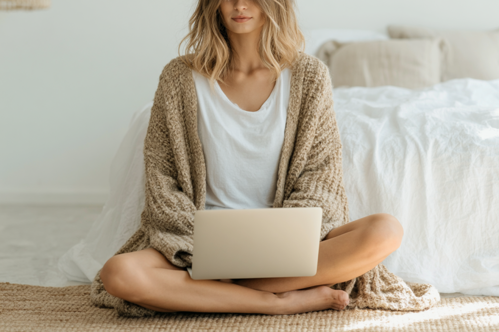 Person working on a laptop while sitting cross-legged on the floor in a cozy, minimalistic bedroom setting.