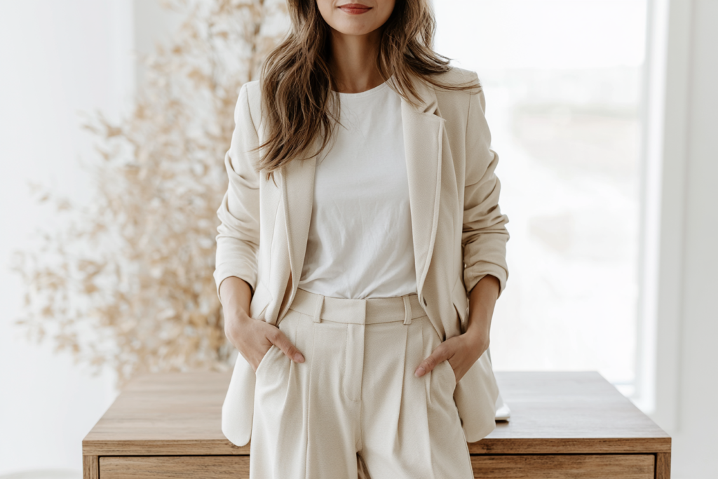 Woman in a stylish beige suit stands confidently by a wooden table, embodying modern professional fashion.