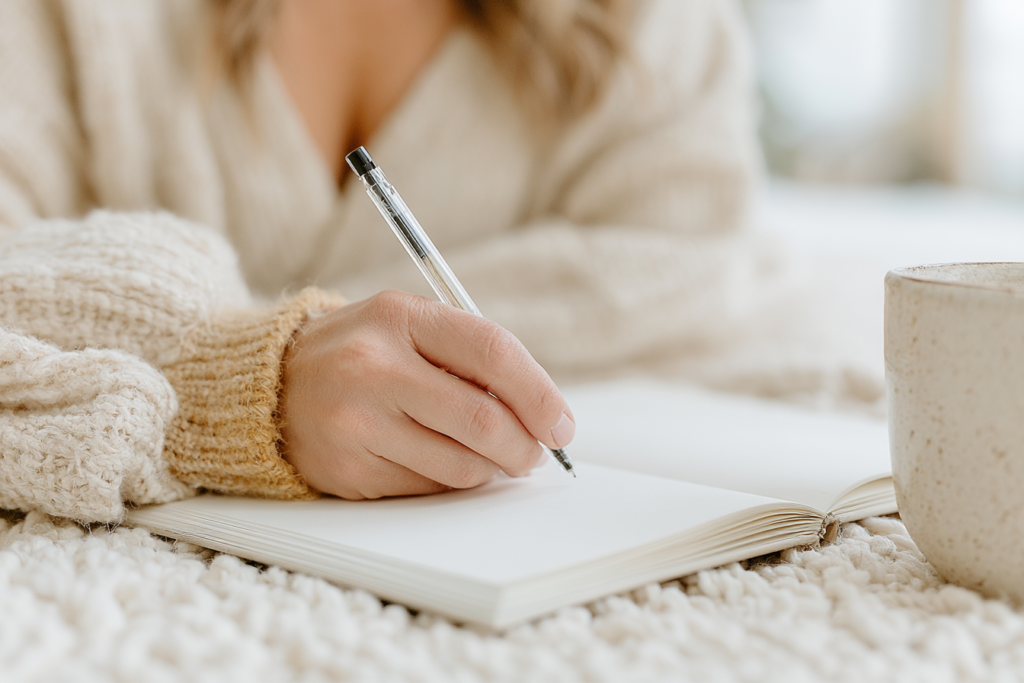 Person writing in a notebook with a pen, cozy sweater, and coffee mug nearby.