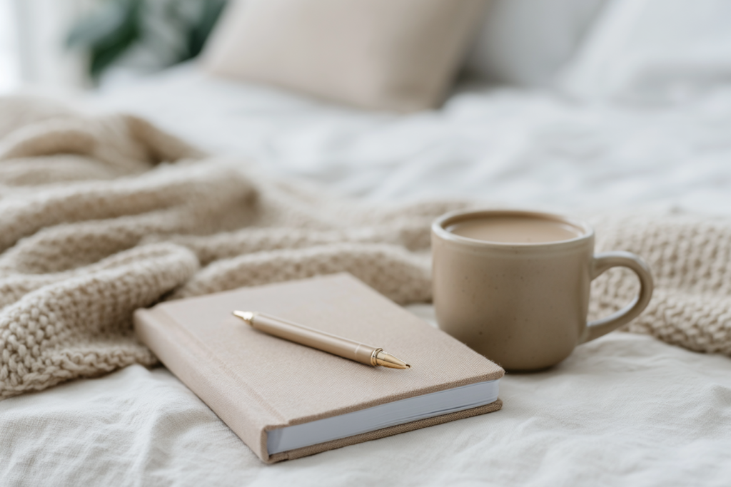 Cozy morning scene with a beige journal, pen, and coffee cup on a soft knitted blanket.
