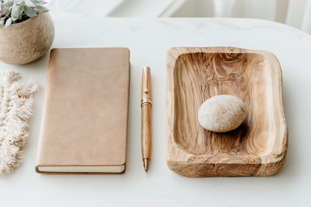 Minimalist workspace with notebook, pen, succulent, and wooden tray on a white desk.