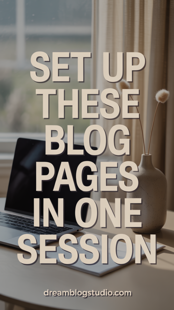 Laptop on desk with text: Set Up These Blog Pages In One Session - dreamblogstudio.com