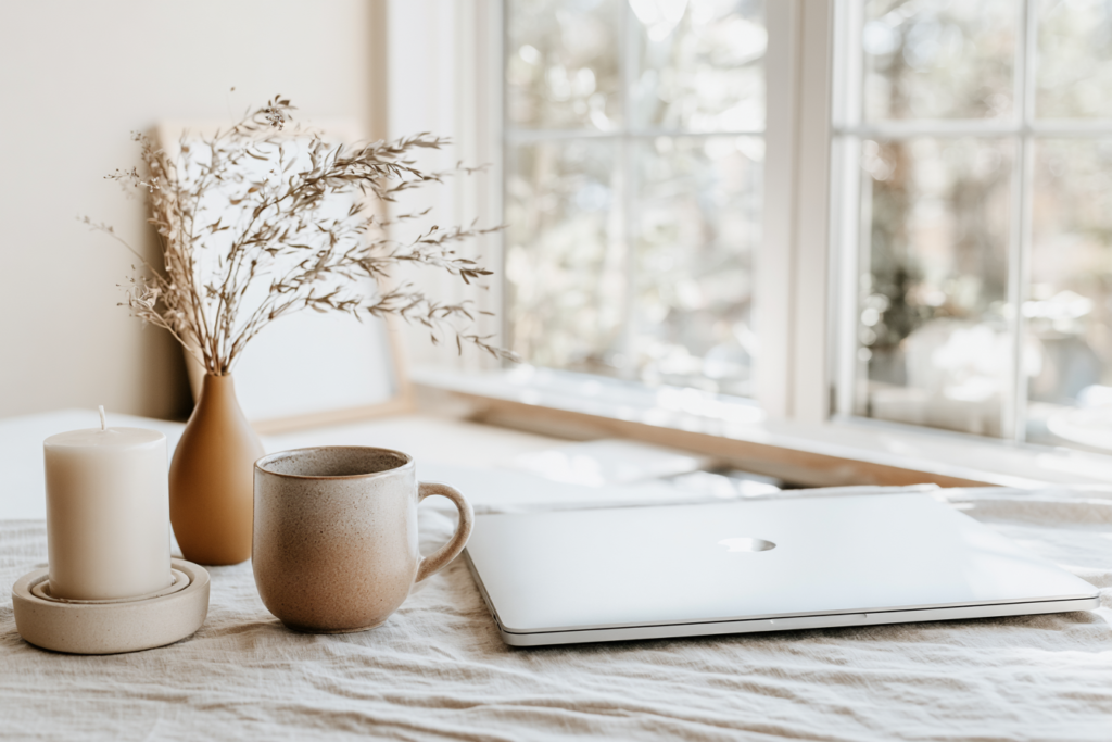 Cozy workspace with a laptop, coffee mug, vase with dried flowers, and candle by a sunny window.