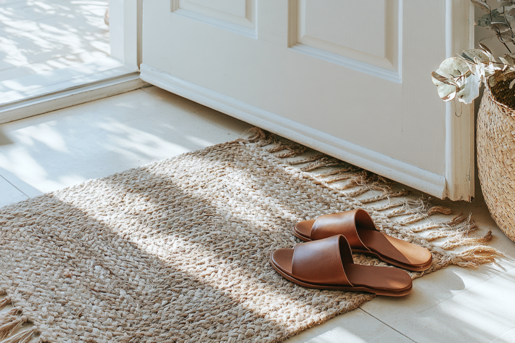 Brown leather sandals on a woven jute rug by a sunlit door, accompanied by a wicker basket and eucalyptus.