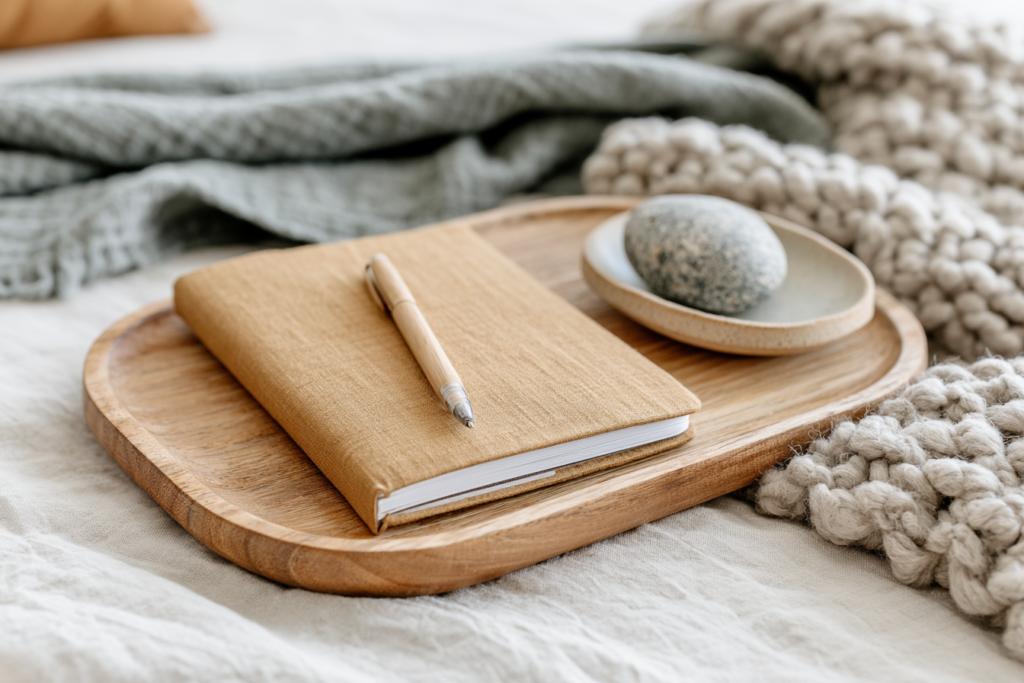 Cozy workspace with a notebook and pen on a wooden tray, wool blanket, and smooth stone decor.