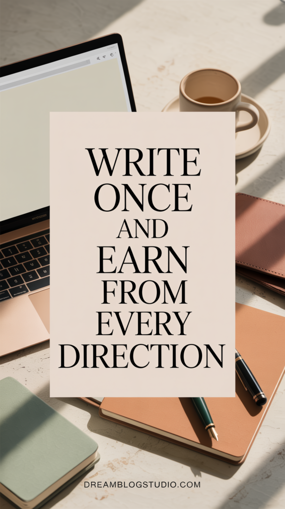 Flat lay of laptop, coffee and notebooks with text: Write once and earn from every direction – Dream Blog Studio