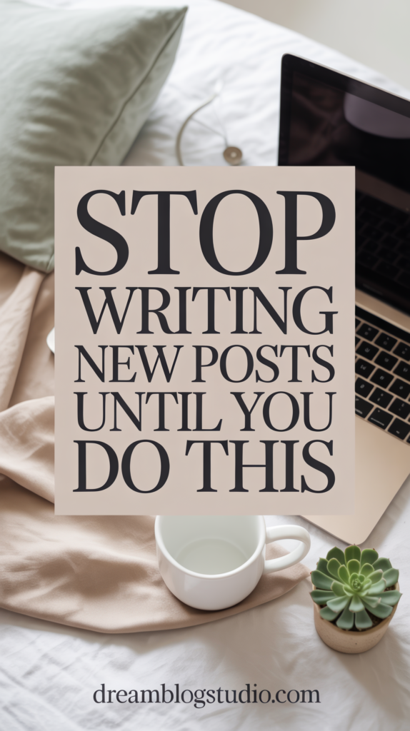 Stop writing new posts message on laptop with a mug and plant on desk.
