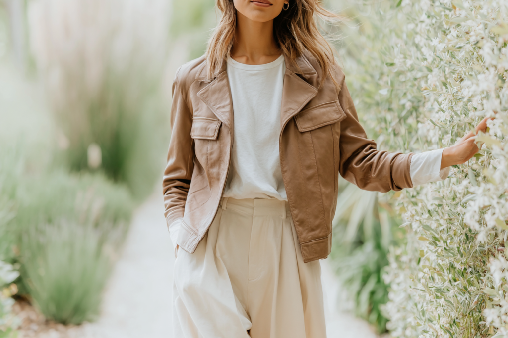 Woman in beige jacket and white shirt standing by lush greenery.