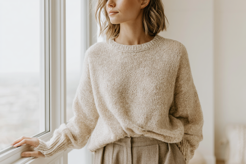 Woman in cozy beige sweater gazing out the window in a bright room.