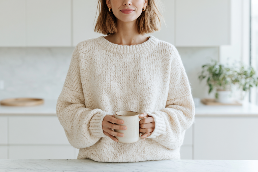 Woman in cozy sweater holding a mug in bright kitchen.