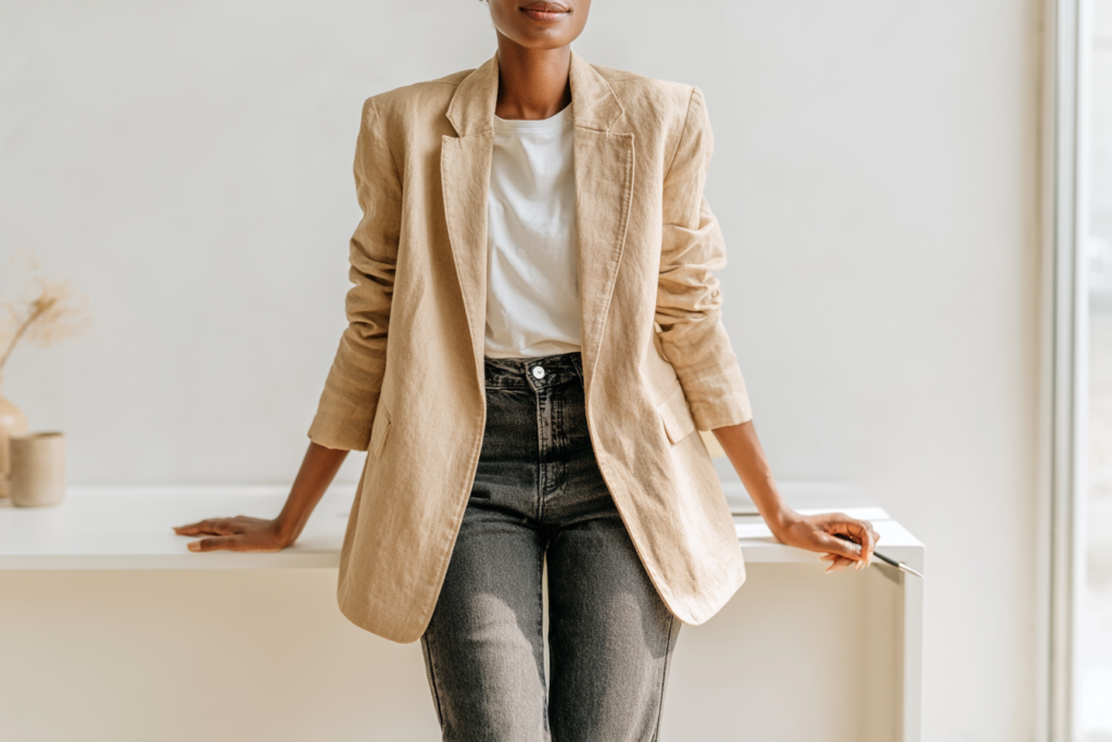 Stylish woman in beige blazer and jeans leaning on table, showcasing casual chic fashion.