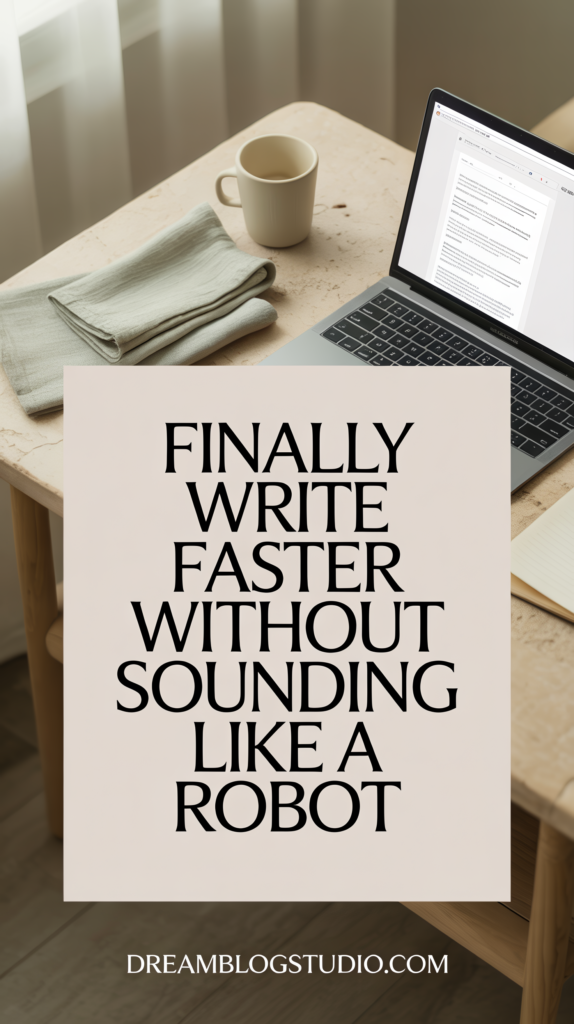 Laptop on desk with coffee, text overlay: Write faster without sounding robotic - DreamBlogStudio.com.