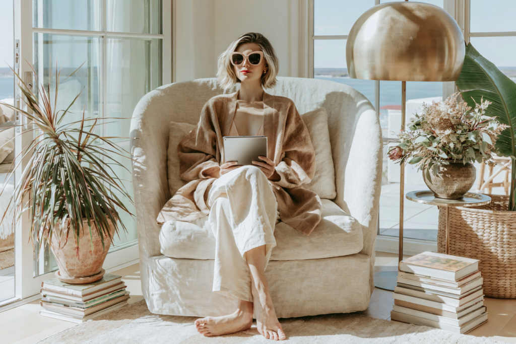 Stylish woman reading tablet in sunlit coastal living room, seated on cozy armchair with plants, books, and brass lamp.