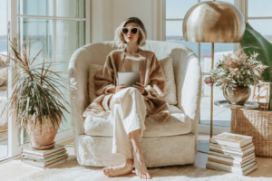 Stylish woman reading tablet in sunlit coastal living room, seated on cozy armchair with plants, books, and brass lamp.