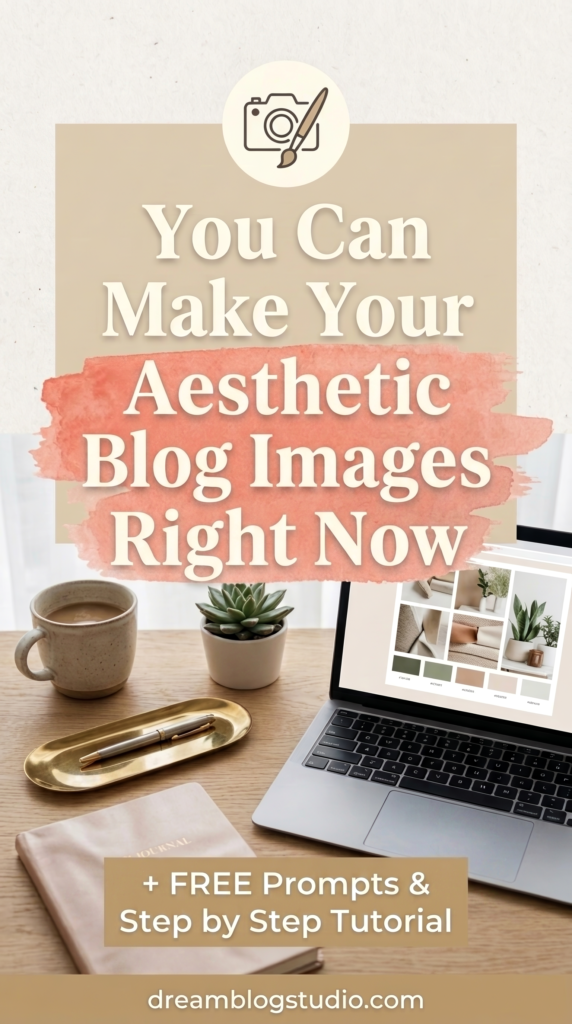 Create aesthetic blog images: free prompts and step-by-step tutorial; laptop on desk with coffee, plant – Dream Blog Studio