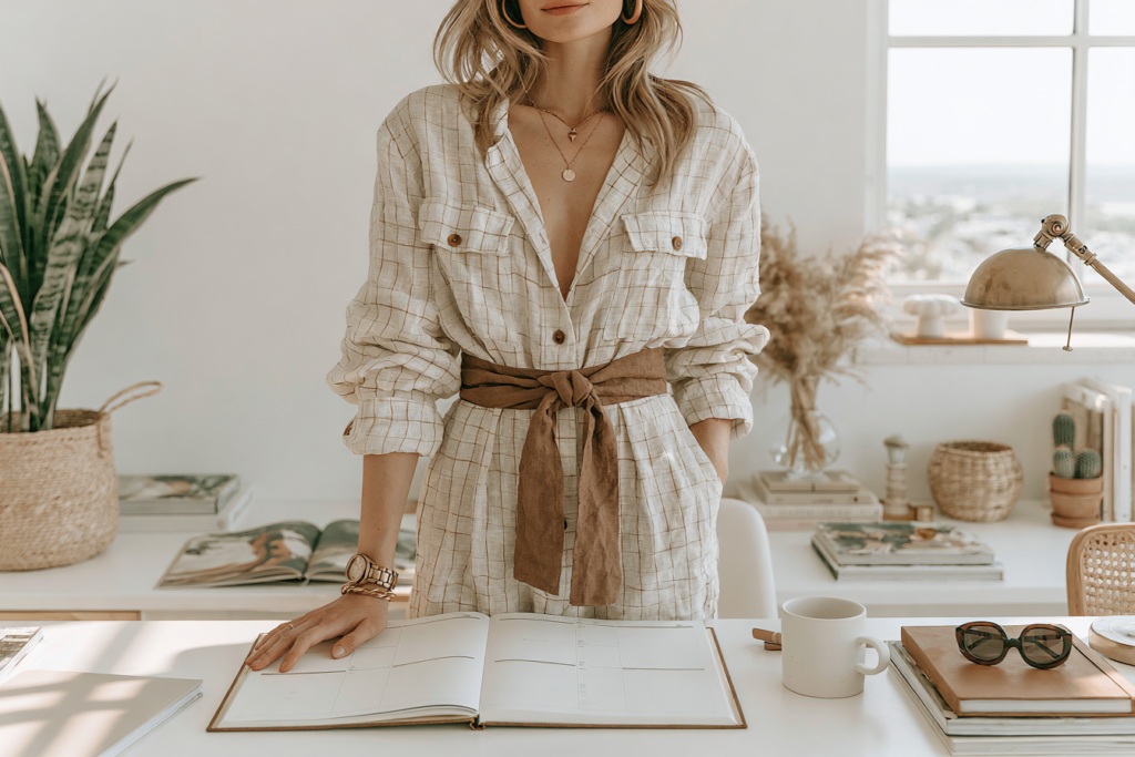 Minimalist boho home office: woman in linen shirtdress planning at desk with open planner, coffee mug, sunglasses, plants.