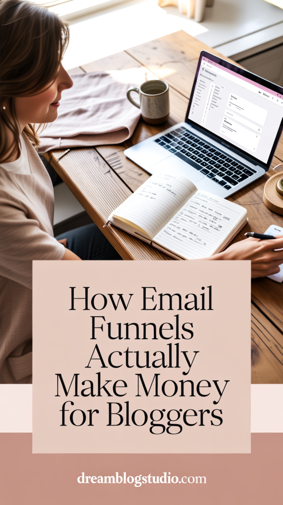 Blogger planning email funnel strategy on laptop with notes - how email funnels make money for bloggers guide