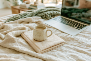 Cozy work from home setup with coffee mug on notebook and open laptop on bed, minimal neutral linens in morning light.