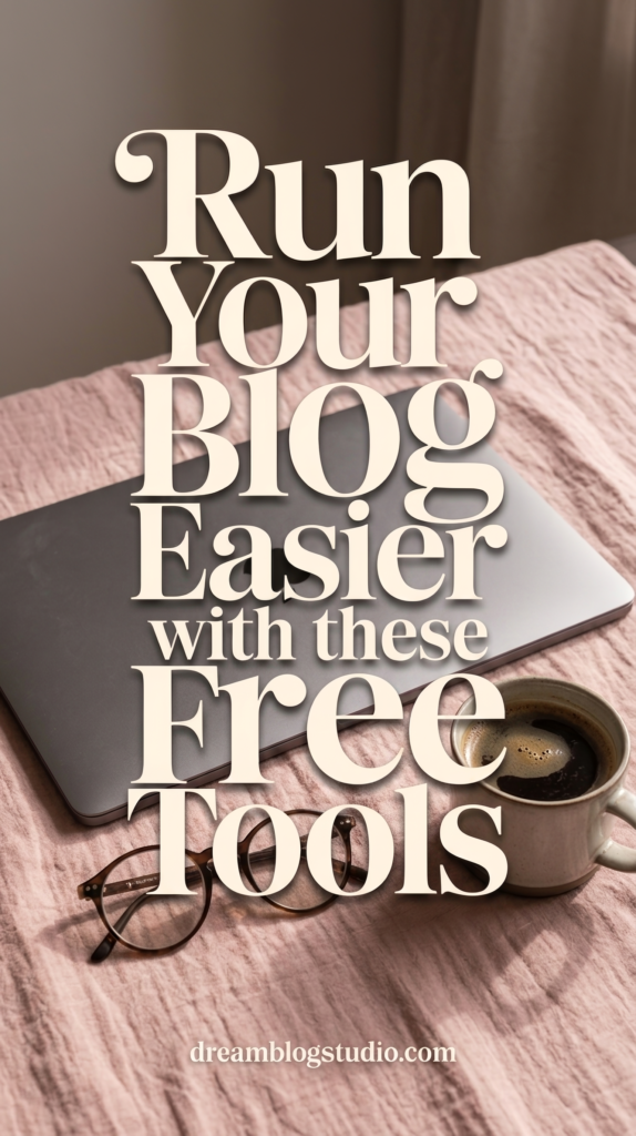 Run your blog easier with free tools: laptop, coffee and glasses on bedspread, Dream Blog Studio