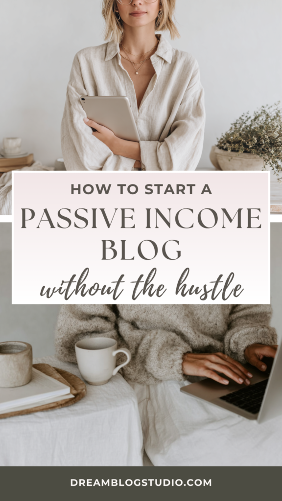 How to start a passive income blog without the hustle – cozy workspace with woman using tablet and laptop